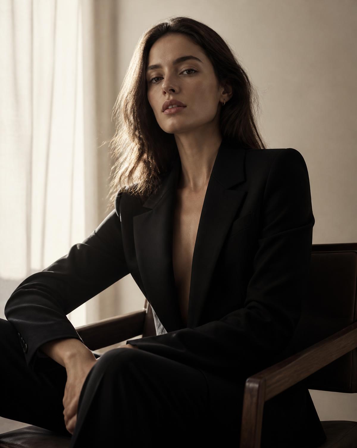 Editorial profile portrait in a tailored black blazer beside soft window light