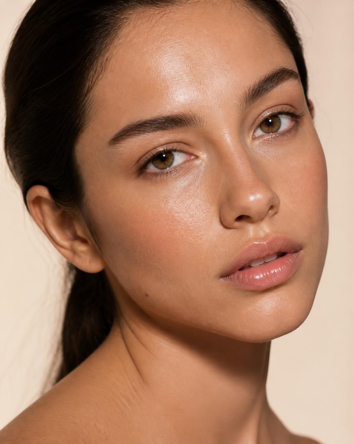 Beauty close-up with dewy natural makeup on a cream backdrop