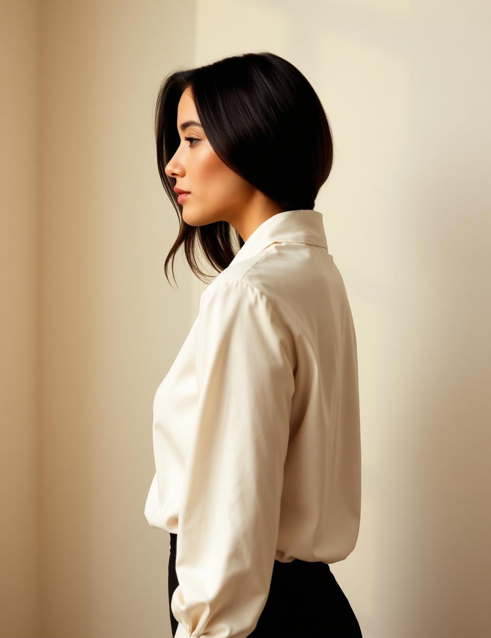 Hair beauty study in profile against an ivory wall