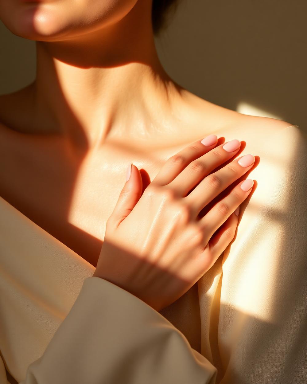 Minimal skincare study with warm morning light on cream fabric