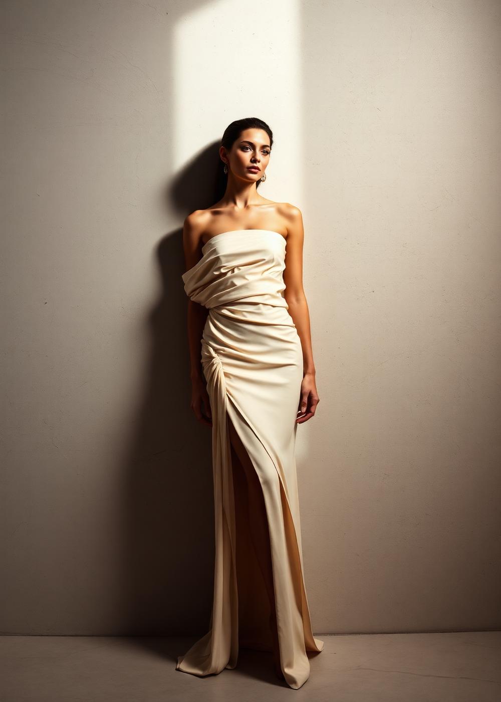 Model in a sculptural cream gown against a textured plaster wall
