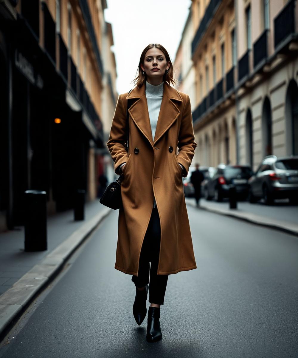 Street style look with a long camel coat on a quiet European street