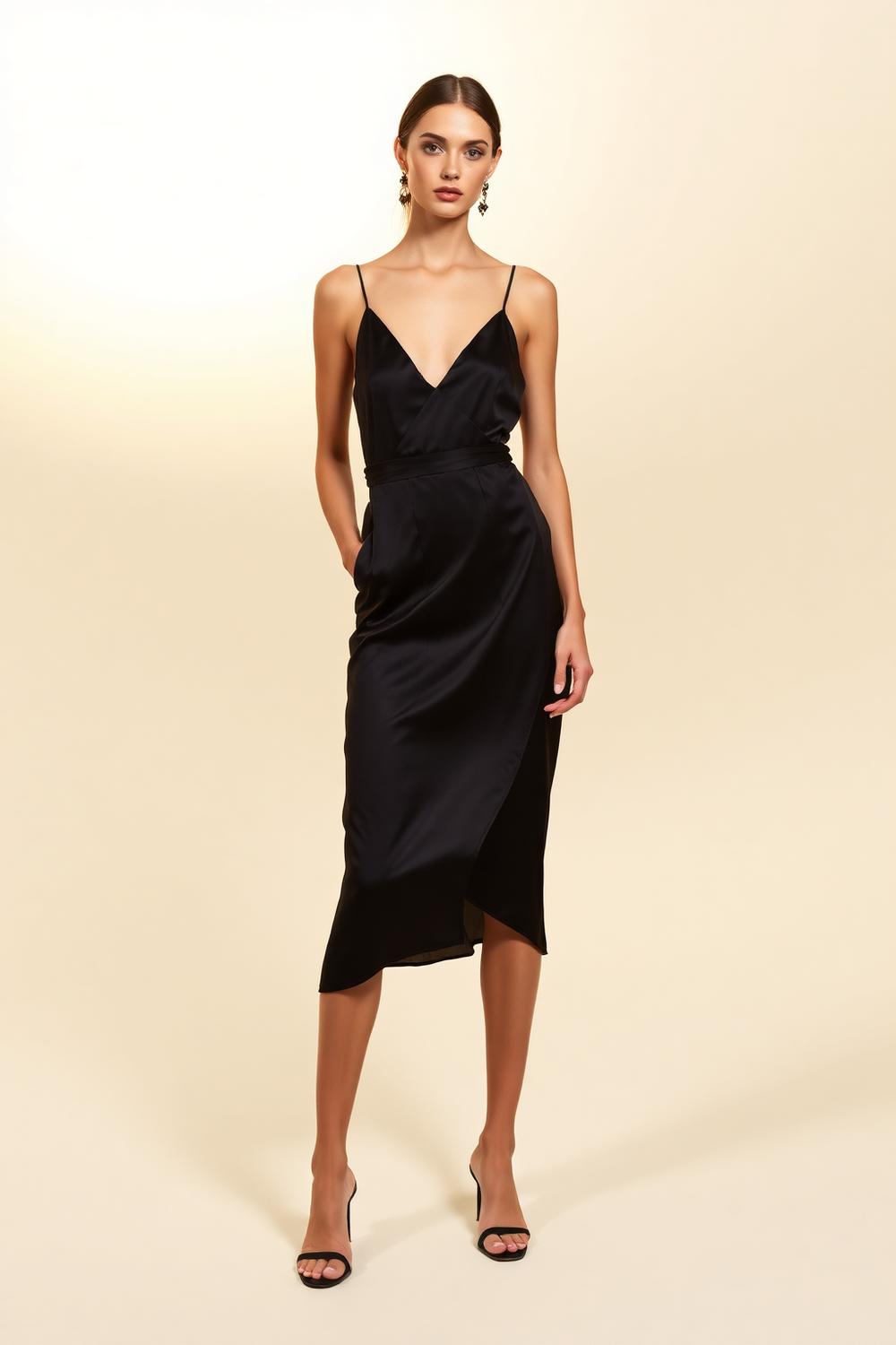 Campaign look in a minimal black silk dress on an ivory studio backdrop