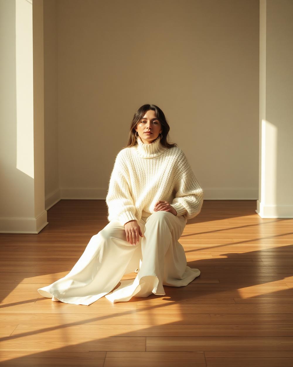 Editorial look in an oversized ivory knit and wide cream trousers