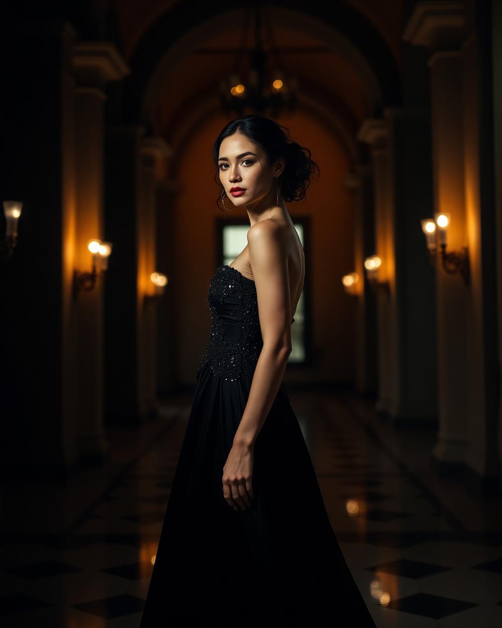 Evening editorial portrait in a dim architectural interior