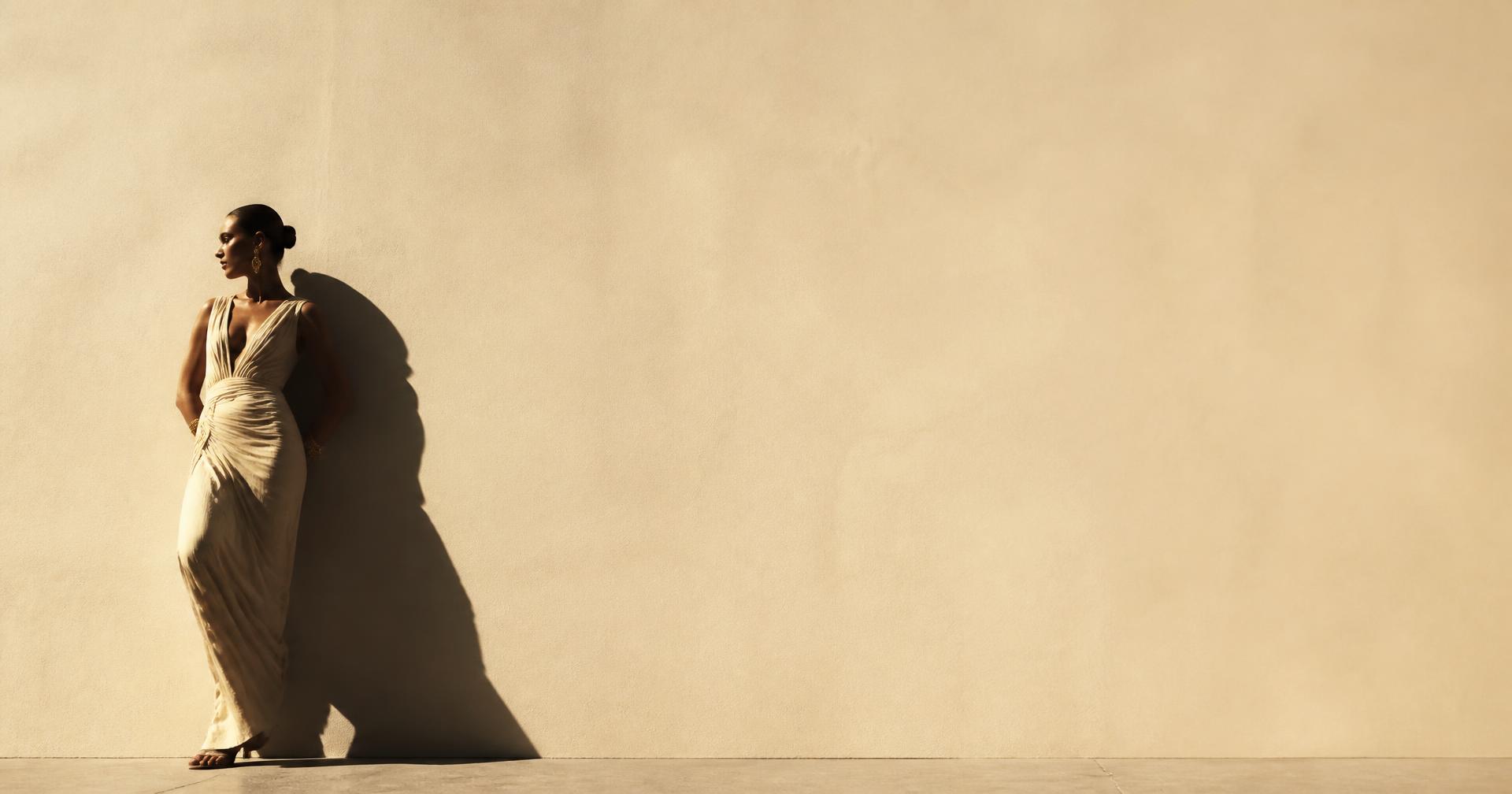 Wide editorial photograph of a figure against a vast warm ivory wall